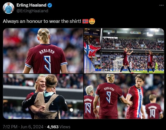 哈兰德社媒晒国家队照片：穿上挪威球衣始终是一种荣耀